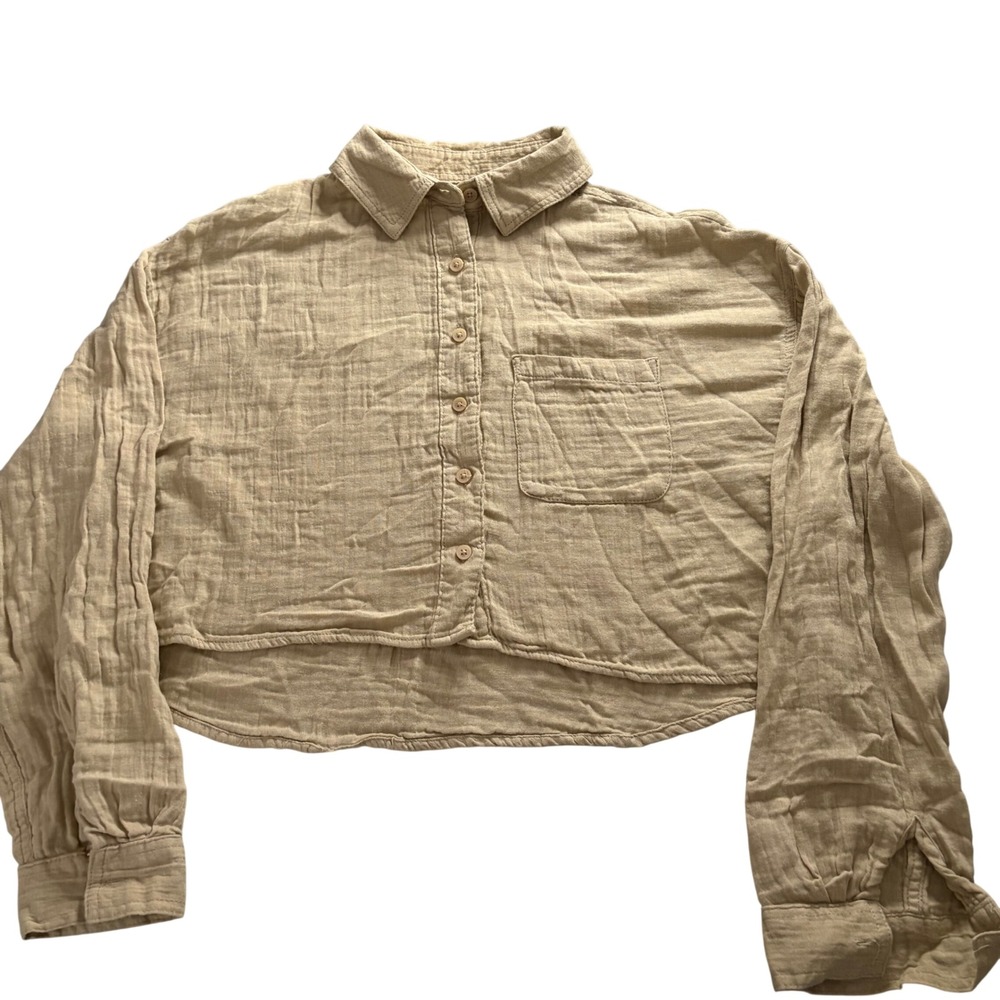 Aeropostale Womens Small Tan Cotton Gauze Cropped Button Down Shirt Long Sleeve